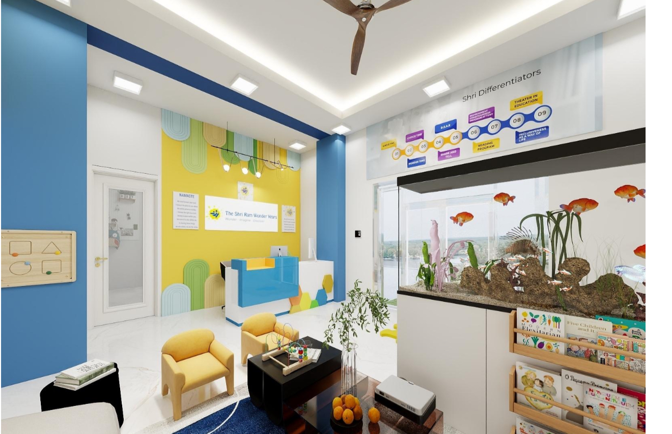 Reception lounge with aquarium, yellow armchairs and book shelves
