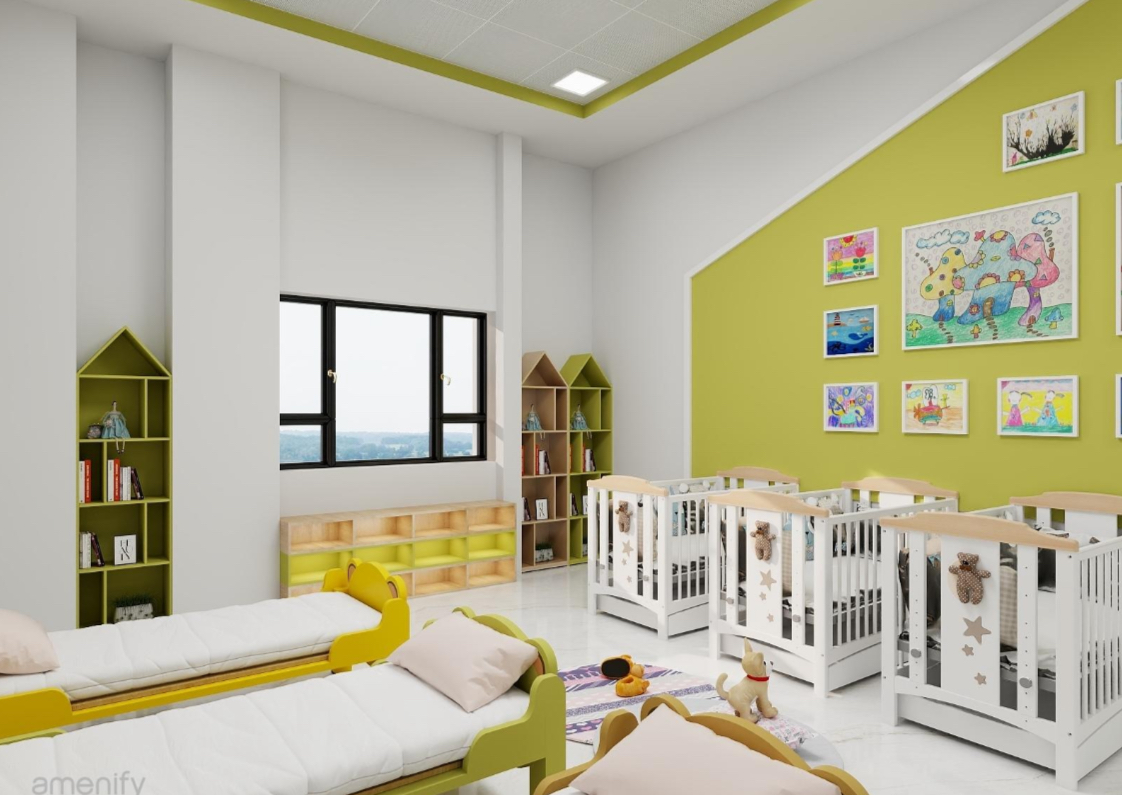 Nursery room for infants with cribs and green accent wall