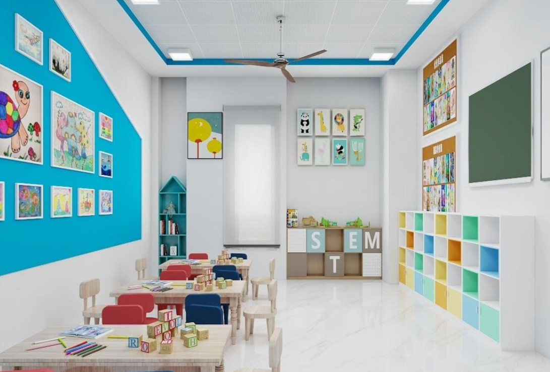 STEM classroom with art wall and colourful block tables