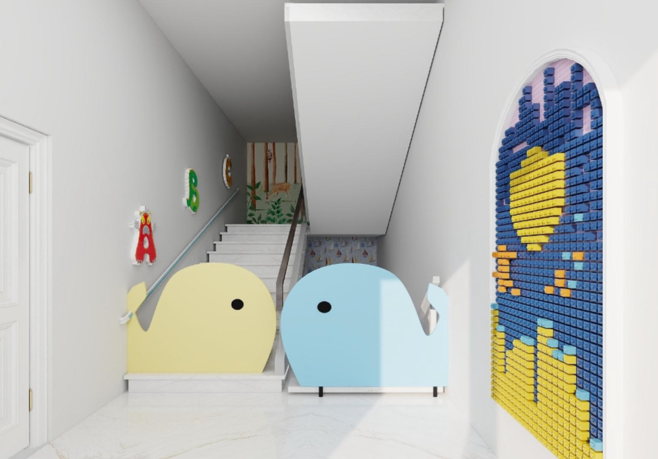 Cartoon whale décor and lego feature wall