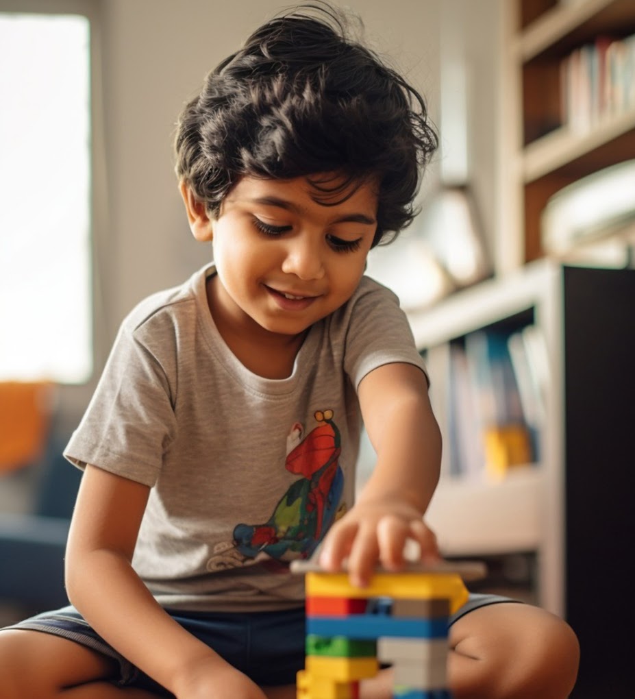 A TSWY student focused on building with colourful blocks
