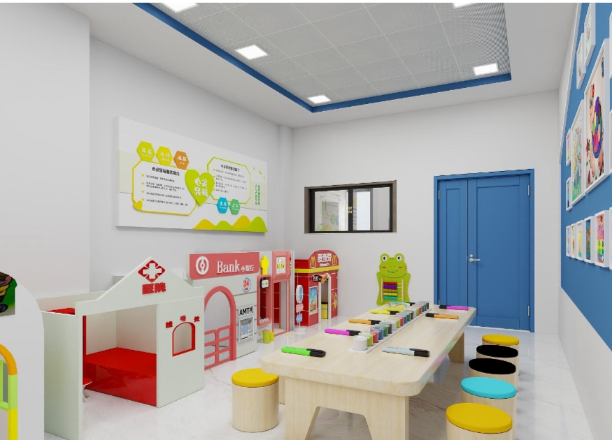 Role-play room with hospital, bank and market corners