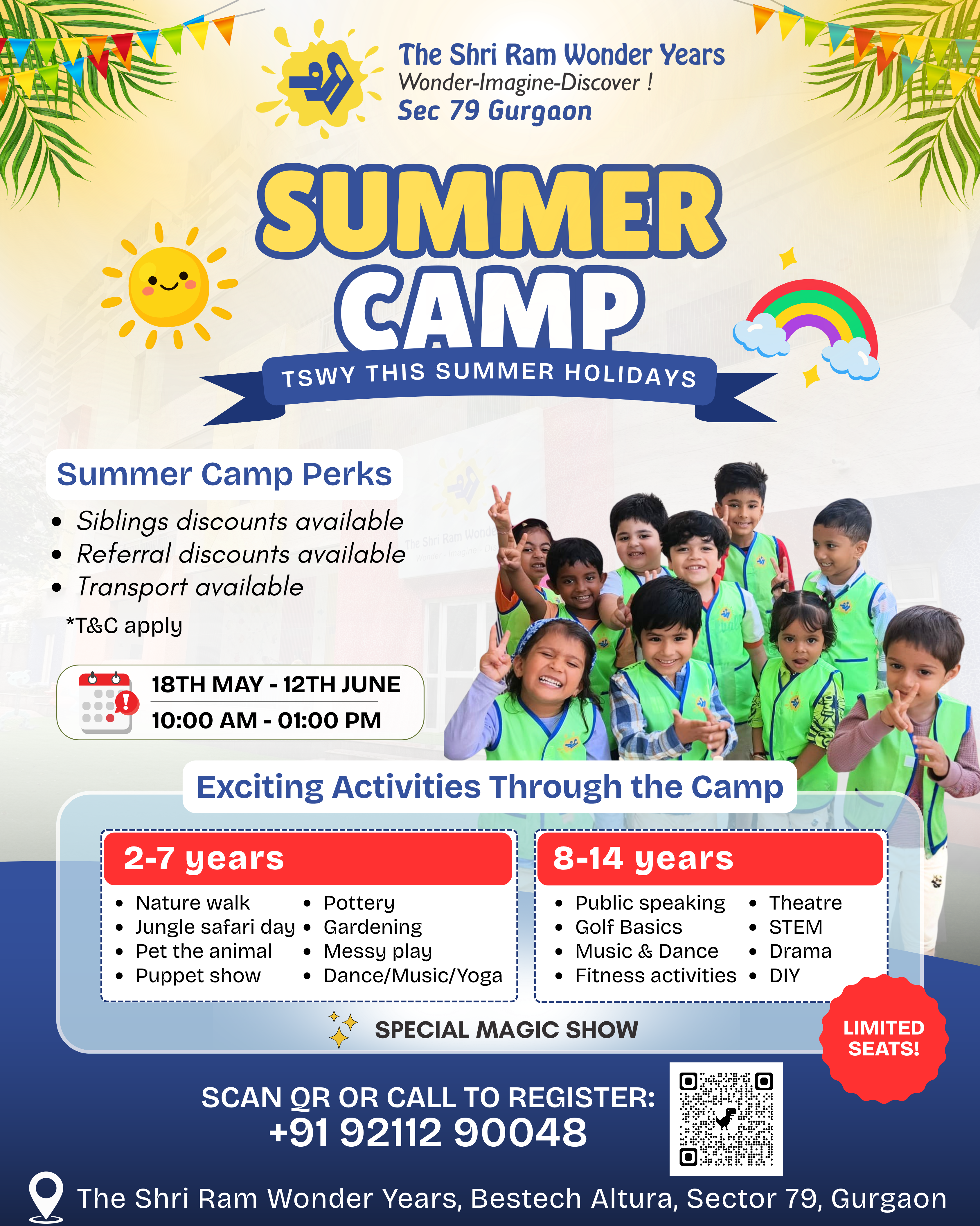 TSWY Summer Camp 2026 poster — 18 May to 12 June, 10 am to 1 pm, kids aged 2 to 14, Bestech Altura, Sector 79, Gurugram
